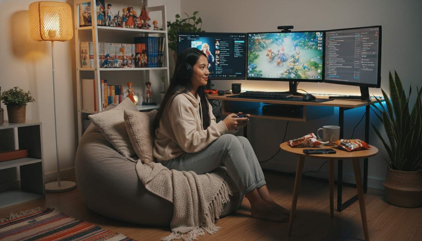 Relaxed Gaming Experience A woman enjoying online gaming in a casual setting